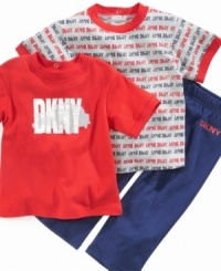 At the ready. You'll always have a matching shirt when he needs a quick change with this stylish shirts and pant 3-piece set from DKNY.