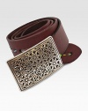 Cutting edge full leather strap belt with stain glass buckle and space dye thread accent.LeatherAbout 1½ wideImported