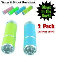 Glow in the Dark, Water Resistant Rubber Coated Body Super Bright 9 LED Flashlight. Pack of 2