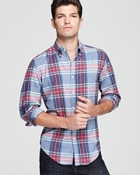 Everyday casual with a tailored edge, this plaid shirt features a contemporary fit so it works on casual Fridays and at the Saturday game.