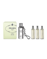 INFUSION D'IRIS, PRADA PARFUMS' NEWEST SCENT, IS NOW AVAILABLE IN PARFUM DE SAC PURSE SPRAYThe elusive yet timeless scent of Infusion d'Iris, the newest fragrance from Prada, is now available in Parfum de Sac, the sleek refillable purse spray.Both a must-have accessory and a convenient scent spray, the Parfum de Sac features an elegant chain and snap clip that attaches to bags or belt carriers. The streamlined stainless steel design recalls the strong, clean lines of Prada fragrance bottles, imposing an unmistakably contemporary aura. The vaporizer also features an engraved metal plaque listing the fragrance's main ingredients.The Parfum de Sac is accompanied by three 10ml refills and is also available in other Prada Eau de Parfum scents: Intense, Classic and Tendre.