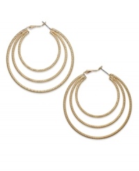 Good things come in threes. INC International Concepts layers on the style in this pair of hoop earrings. Crafted from gold-tone mixed metal. Approximate diameter: 2-1/2 inches.