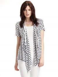 Asymmetric draping adds flirty flair to this open front look with a charming stripe pattern.Draped open front Short sleeves Uneven hem About 28 from shoulder to hem 55% cotton/25% polyester/20% rayon Dry clean Imported