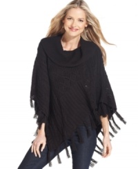 Style&co.'s mixed-knit petite poncho makes layering a cinch--this fringed sweater looks great over denim or dress pants.