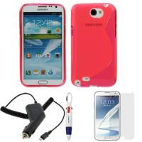 GTMax Pink S-Shape TPU Case Cover + Clear Screen Protector + Car Charger for Samsung Galaxy Note II 2 N7100 ( Mobile, Sprint, AT&T, Verizon ) with * 4-Color Clip Pen *