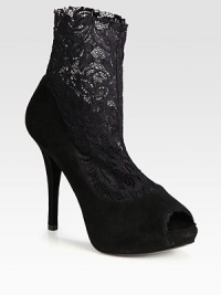 Suede and semi-sheer floral lace combine for a luxe effect on this platform silhouette with a timeless peep toe. Suede-covered heel, 4 (100mm)Hidden platform, ½ (15mm)Compares to a 3½ heel (90mm)Suede and lace upperPull-on stylePeep toeLeather lining and solePadded insoleMade in Italy