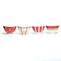 Euro Ceramica Kitchen Cereal Bowl, Set of 4 Assorted Patterns, Red