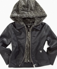 The cute, fuzzy hood can be detached from this faux-leather jacket from Guess for a sleeker style.