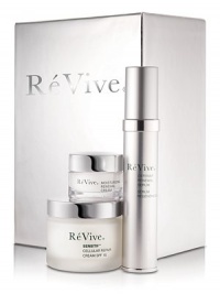 This day-to-night skincare regimen renews, protects and soothes skin. Features full sizes of the high-tech protective serum and daily SPF repair cream, plus a deluxe sample of the best-selling night moisturizer. Renews, protects and soothes skin to provide ultimate benefits and give skin the legendary ReVive Glow.  Set includes: 1 oz. Defensitif Renewal Serum, 2 oz. Sensitif Cellular Repair Cream SPF 15, and 0.5 oz. Moisturizing Renewal Cream.