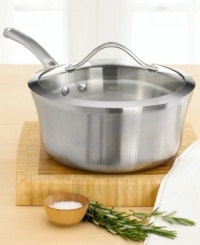 Simmer sumptuous sauces or heat up homemade soups with this top-of-the-line saucepan. Stainless steel build and sleek curved vessel ensure exceptional and consistent cooking results. Stay-cool long handles let you move pan without burning your hands. Glass cover. Dishwasher safe. Lifetime warranty.