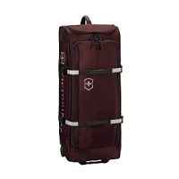 This wheeled Victorinox duffel bag boasts an internal zip hanging mesh pocket for small items, dual side pockets with hook-and-loop closures, and an external strap system to keep contents secure. Sturdy rear corner guards and TPE plastic kick plates protect vulnerable areas. The innovative adjustable handle is placed in a more natural palm-facing-the body position. YKK Racquet Coil zippers provide superior strength.