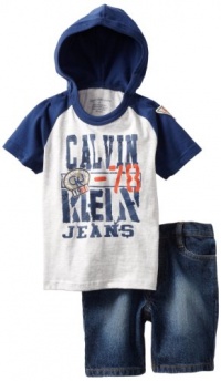 Calvin Klein Boys 2-7 2 Piece Short Sleeve Hooded Tee With Denim Short, Gray, 4T