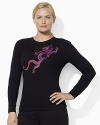 A vibrant embroidered dragon invigorates a soft waffle-knit cotton crewneck with long sleeves and ribbed accents.