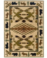 A lively rug that evokes the Alaskan wilderness, this traditional floor covering from Sphinx comes complete with a Native American motif bordered by illustrated moose, bears, canoes and more. Made from soft polypropylene for superb durability.