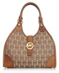 Shoulder this city-chic design from MICHAEL Michael Kors that pairs perfectly with your work or weekend wardrobe. Signature jacquard is adorned with gleaming hardware and leather trim, while the pocket-lined interior neatly organizes the essentials.