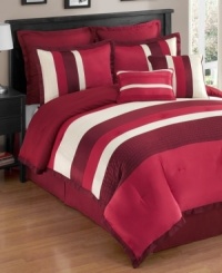 In the red. Bold stripes in a variety of rich red hues are interspersed with a smattering of white bands, making this Savoy comforter set utterly enticing. Features pleated details for added dimension.