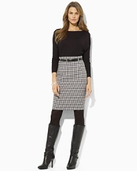 A classic houndstooth skirt is paired with a relaxed fitting bodice on this timeless Lauren by Ralph Lauren twofer dress.