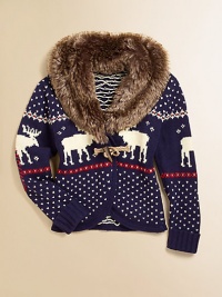 A stylish shawl-collar cardigan is rendered in a hearty Fair Isle knit moose design and accented with a plush faux-fur collar for added warmth and a cozy feel.Oversized faux-fur collarLong sleeves with ribbed cuffsSingle toggle closureCurved hemCotton/WoolDry cleanImported Please note: Number of buttons may vary depending on size ordered. 