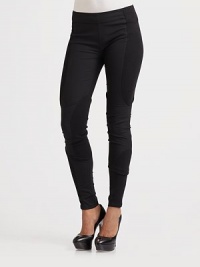 THE LOOKBanded waist Back zip with hook and eye closure Ribbed panels on outer waist and thigh, inner knee and outer ankleTHE FITSlim fit Skinny leg Rise, about 9 Inseam, about 31THE MATERIALPants: 96% wool/4% Lycra Ribbed Panels: 95% cotton/5% spandexCARE & ORIGINDry clean Imported