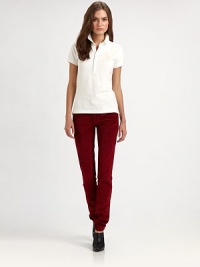 Sleek, slim and stretchy, with a velvety brushed finish and a subtle sheen that takes them beyond the realm of everyday jeans and leggings.Waistband with belt loops and embossed button closureZip flyFive-pocket styling with rivetsBack waist leather patch with beaded logoSlim fit with straight legInseam, about 31Cotton/viscose/elastaneDry cleanImportedSIZE & FITModel shown is 5'10 (177cm) wearing US size 4. 