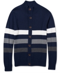 Graduate your style with this smart button front varsity sweater by American Rag.