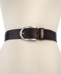 A cool classic gets some urban edge. This rich leather belt from Fossil is outfitted with a polished silver-tone C-ring and stud accents, for a look that's decidedly downtown.