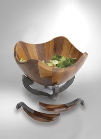 Nambe Anvil Scroll Wood Salad Bowl with Servers, Iron Finish Metal Alloy