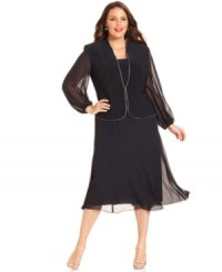 A row of rhinestone trim gives this plus size jacket and dress ensemble from Alex Evenings its soiree-worthy sparkle.