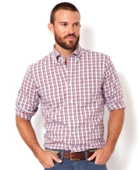 Keep your crisp look fresh from work to after work play in this wrinkle resistant plaid shirt by Nautica.