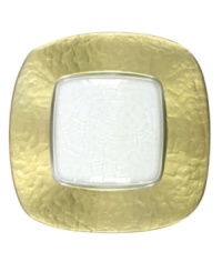 Every meal is made to impress with square plates from Jay Imports' collection of serveware and serving dishes. Textured glass framed in shimmering gold puts ordinary fare over the top.