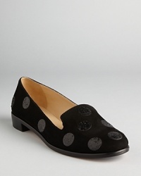 Fun sequined polka dots lighten up dark, suede smoking flats, a study in contrasts that makes the grade from kate spade new york.