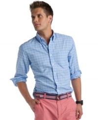 Cool chambray ups the ante on your casual look with the classic windowpane pattern on this Izod shirt. (Clearance)