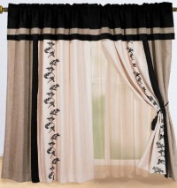 Luxury Black, Cream Beige with Floral Linen Window Curtain / Drape Set with Sheer Backing-treatment Draperies