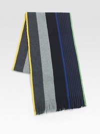 A multicolored stripe design with fringe accents.Fringed ends9W x 71LCottonHand washImported