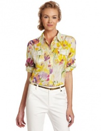 Calvin Klein Women's Printed Button Up Roll Sleeve Shirt, Tulip Multi, X-Small