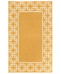 A traditional graphic set in a creamy, muted orange background makes this Promenade area rug the perfect update indoors or out. UV stabilized to minimize fading, the fashion-forward, durable, easy-to-clean rug is sure to put a little pop of color wherever placed.