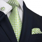 Landisun 341 Bright Green Plaids & Checks Mens Silk Tie Set: Tie+Hanky+Cufflinks