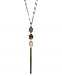 Fringe benefits. Kenneth Cole New York's long necklace showcases hematite tone wire mesh bead, bronze faceted bead fireball bead, gold tone wire wrapped bead with hematite tone chains. Crafted in gold tone and hematite tone mixed metal. Approximate length: 29 inches + 3-inch extender. Approximate drop: 5-3/4 inches.