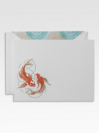 An ancient Chinese tale places the koi fish at the top of a waterfall, swimming not down, but rather up. For his feat, he is turned into a dragon, solidifying him as a symbol of success and prosperity and the centerpiece of your most coveted correspondence. Set of 8 cards and envelopesApprox. 4½ X 6 Made in USA