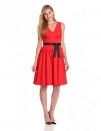 Calvin Klein Women's V-Neck Belted Fit And Flare Dress, Poppy, 6