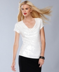 The graceful draping on INC's cowlneck top goes glamorous with a coating of pailette sequins!