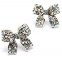 Adorable 3/4 Ribbon Bow Stud Earrings with Sparkling AB (Aurore Boreale) Austrian Crystals - Silver Rhodium Plated