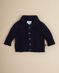 A soft cotton cardigan sweater with cableknit detail and a foldover collar.