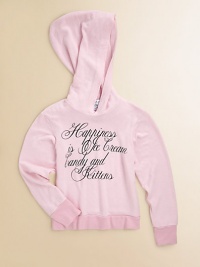 This ultra-cozy varsity hoodie is adorned with happy, vintage-inspired script.Attached hoodLong sleevesPullover styleRibbed cuffs and hem50% cotton/50% spandexMachine washMade in USA