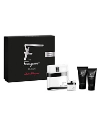 The F by Ferragamo Black Special Travel Coffret includes a 3.4 oz. Eau de Toilette Spray, 0.2 oz. Deluxe Miniature Spray, 1.7 oz. Shampoo & Shower Gel, and a 1.7 oz. After Shave.