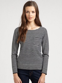 Striped, long-sleeve pocket tee renewed by a plush wool finish and ribbed trim. BoatneckSingle front patch pocketLong sleevesRibbed cuffs and hemWoolDry cleanImportedModel shown is 5'10 (177cm) wearing US size Small.