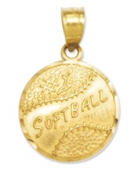 The perfect gift for the softball star, this 14k gold softball charm reads #1 Softball on a polished and textured surface. Chain not included. Approximate length: 4/5 inch. Approximate width: 1/2 inch.