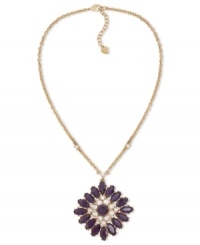 Pretty up your neckline. Carolee's pendant necklace features a sunburst pattern with glass accents and colorful epoxy stones. Crafted from 12k gold-plated mixed metal. Approximate length: 16 inches + 2-inch extender. Approximate drop: 2 inches.