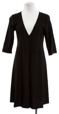 Eileen Fisher Black Washable Stretch Crepe Deep V-Neck A-Line Dress X-Small