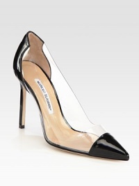 Show some skin wearing this notice-me pump in translucent PVC, mixed with glossy patent leather details. Patent leather-covered heel, 4 (100mm)PVC and patent leather upperPoint toeLeather lining and solePadded insoleMade in Italy